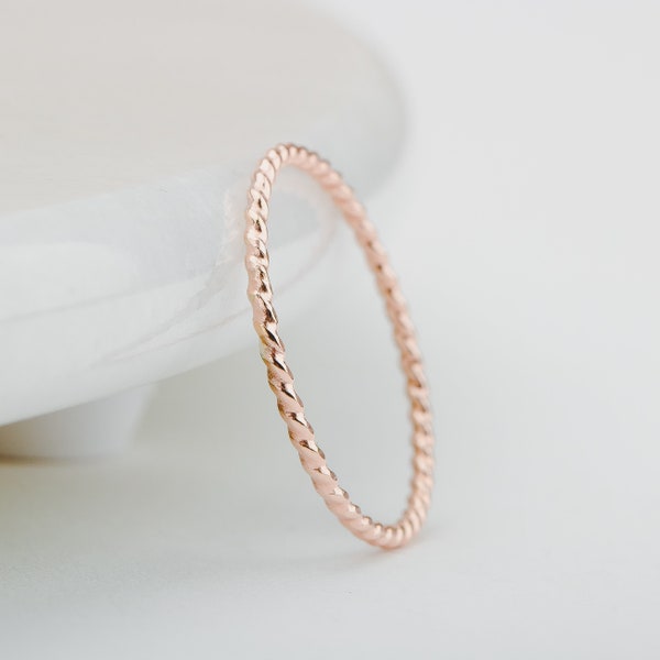 Braided Rope Stacking Ring | 14K Rose Gold Fill Thin Twist Stackable Band, Basic Skinny Twist Stack Ring, Simple Dainty Everyday Jewelry