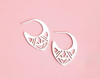 Ophelia Hoop Earrings | Sterling Silver Large Big Geometric Cut Out Greek Goddess Earrings | Bohemian Ethnic Tribal | Perfect Gift for Her