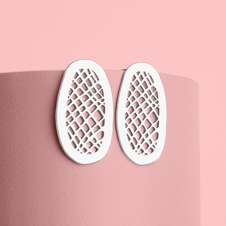 Lattice Stud Earrings Sterling Silver Large Big Organic Shaped Oval Crosshatched Checkered Grid Post Earrings Perfect Gift for Her image 4