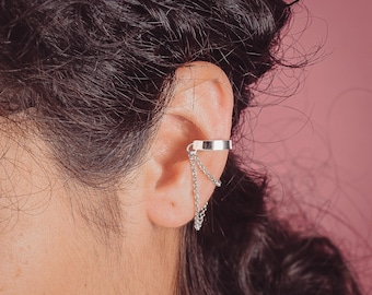 Athena Ear Cuff | Edgy Sterling Silver Wide Rectangle Chain Ear Cuff with Double Layered Dangle Chains | Geometric Jewelry | No Piercing