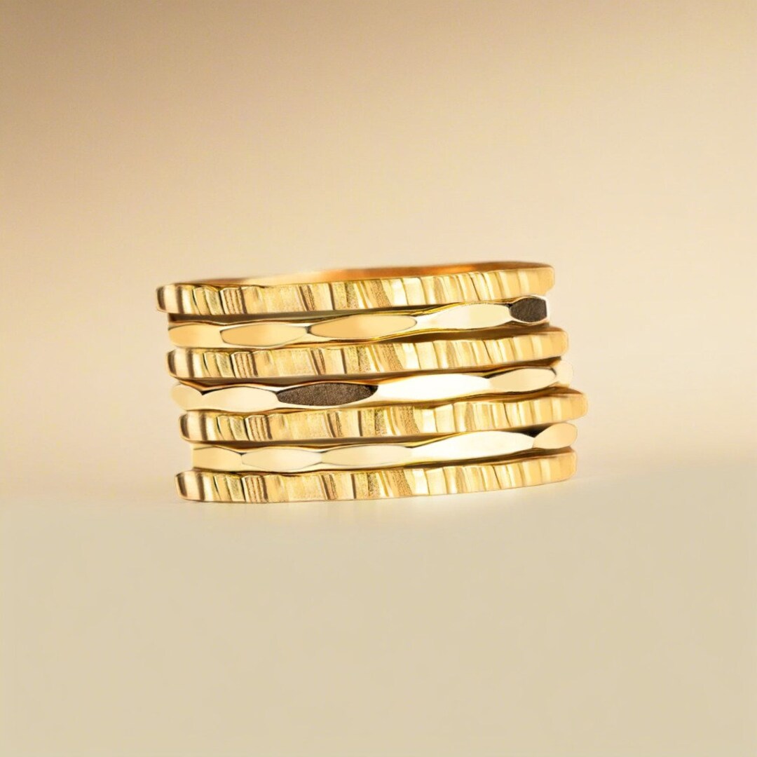The Amelie Stack Set of 7 Rugged & Mirror Stacking Rings Gold, Rose or ...