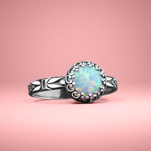 Opal Solitaire Ring | Floral Flower Colorful Multicolored White Opal Gemstone Ring in Sterling Silver | October Birthstone Ring for Women