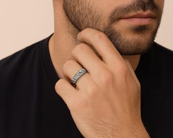 Dune Ring | Mens Diagonal Lined Rough & Rugged Hammered Wide Band | Oxidized Black Sterling Silver | Wedding Engagement Ring Gift for Men