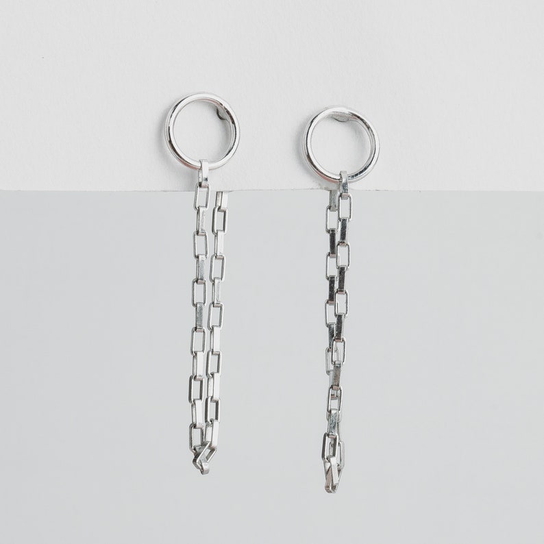 Boucles d'oreilles chaîne Boucles d'oreilles en argent sterling à tige ronde et chaîne Boucles d'oreilles Huggie suspension minimalistes avant-gardistes image 7