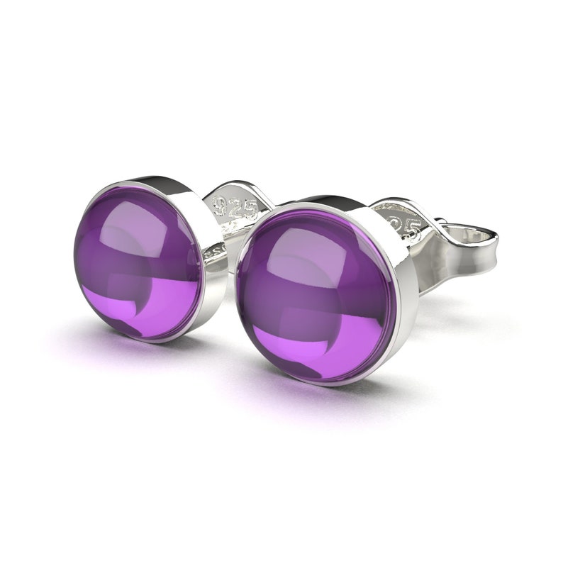 Purple Amethyst Gemstone Stud Earrings Sterling Silver Dark Purple Small Round Circle Post Earrings Multiple Sizes February Birthstone image 6