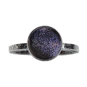 Night Sky Constellation Solitaire Ring | Sterling Silver & Blue Goldstone Paisley Pattern Band | Star Starry Galaxy Space | USA Sizes 4-12