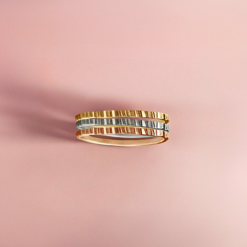 Rugged Stacking Rings 14K Gold Fill Lined Striped Rugged Hammered Stacking Rings Stackable Ring Stack Skinny Thin Ring Bands image 7