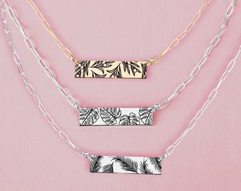 Plant Mama Bar Necklace | Houseplant Foliage Dainty Engraved Floral Necklace, Trending Popular Plants, Silver Gold, Rose, Plant Lover Gift
