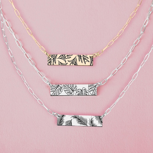 Plant Mama Bar-ketting | Kamerplant gebladerte sierlijke gegraveerde bloemenketting, trending populaire planten, zilvergoud, roos, plantenliefhebber cadeau