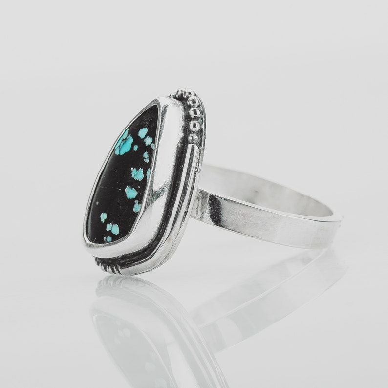 Size 5.75 Black & Blue Cloud Mountain Turquoise Gemstone Ring In Sterling Silver Triangle Beaded Dotted Boho Bohemian Statement Ring image 4