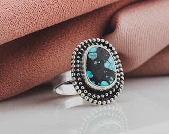 Size 6.5 Black & Blue Cloud Mountain Turquoise Gemstone Ring In Sterling Silver | Freeform Beaded Dotted Border Boho Bohemian Statement Ring