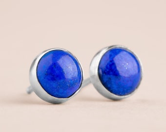 Blue Lapis Lazuli Stud Earrings | Sterling Silver Round Circle Denim Blue Gemstone Post Earrings, Multiple Sizes, Simple Everyday Jewelry