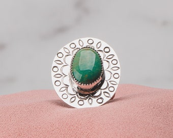Size 8.75 Green Kingman Turquoise Gemstone Ring In Sterling Silver With Hand Stamped Leaves | Huge Big Bohemian Boho Nature Cocktail Ring