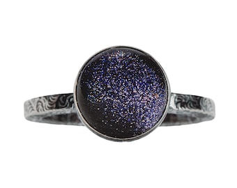 Night Sky Constellation Solitaire Ring | Sterling Silver & Blue Goldstone Paisley Pattern Band | Star Starry Galaxy Space | USA Sizes 4-12