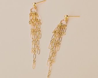 Sadie Chain Tassel Earrings | Gold or Silver | Dainty & Delicate Minimalist Fringe Stud Earrings | Long Thin Gold Chain Post Earrings