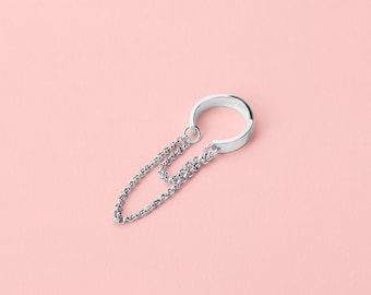 Athena Chain Ear Cuff | Edgy Conch No Piercing Cuff Earring, Sterling Silver Fake Piercing with Double Layered Dangle Chains, Huggie Wrap