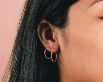 Medium Glimmer Hoop Earrings | Gold, Rose Gold, Silver | Mini Dotted Dot Beaded Bead Huggie Hoops | Hammered Minimalist Everyday Studs