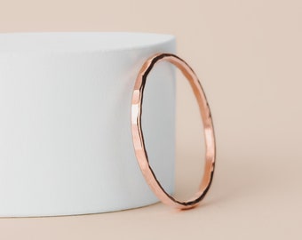 Hammered Stacking Ring | 14K Rose Gold 1mm Skinny Textured Ring in Silver, Gold, or Rose Gold | Comfort Fit USA Sizes 2-12