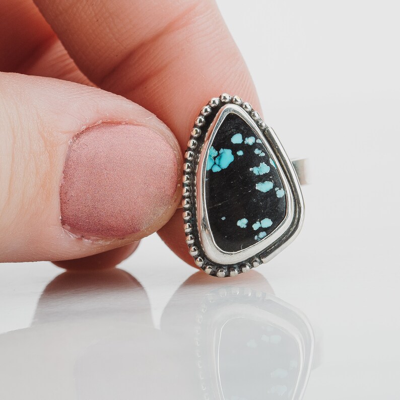 Size 5.75 Black & Blue Cloud Mountain Turquoise Gemstone Ring In Sterling Silver Triangle Beaded Dotted Boho Bohemian Statement Ring image 7