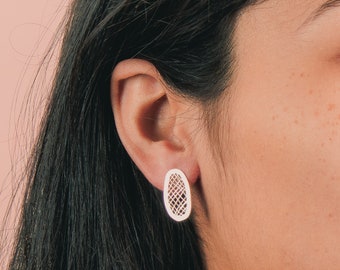 Lattice Stud Earrings | Sterling Silver Large Big Organic Shaped Oval Crosshatched Checkered Grid Post Earrings | Perfect Gift for Her