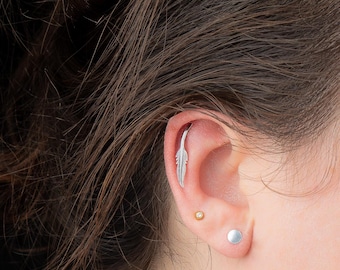 Feather Cartilage Earring | Sterling Silver Long Boho Bird Feather Helix Hex Bar Earring | Edgy Piercing Jewelry for Women and Girls