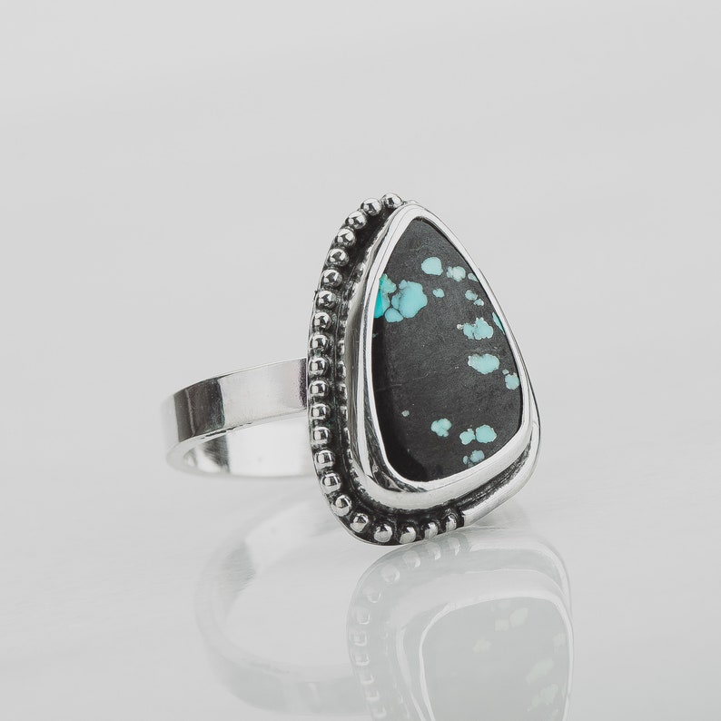 Size 5.75 Black & Blue Cloud Mountain Turquoise Gemstone Ring In Sterling Silver Triangle Beaded Dotted Boho Bohemian Statement Ring image 2