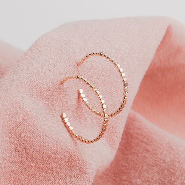 Large Glimmer Hoop Earrings | Gold, Rose Gold, Silver | Mini Dotted Dot Beaded Bead Huggie Hoops | Hammered Minimalist Everyday Studs