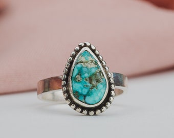 Size 5.25 Aqua Blue White Water Turquoise Gemstone Ring In Sterling Silver | Beaded Boho Bohemian Light Teal Blue Teardrop Statement Ring