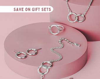 Forever Connected Gift Set | Necklace, Bracelet, Earrings, & Ring | Chunky Sterling Silver Geometric interconnected Open Circle Gift for Her