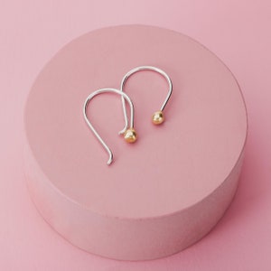 Gold Dot Pull Through Earrings | Small Hook Threader Drop Earrings, Mixed Metal Sterling Silver & 14K Gold | Wire Hoop Modern Minimalist