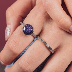 Night Sky Constellation Solitaire Ring | Sterling Silver & Blue Goldstone Paisley Pattern Band | Star Starry Galaxy Space | USA Sizes 4-12