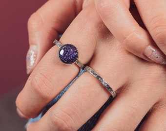 Night Sky Constellation Solitaire Ring | Sterling Silver & Blue Goldstone Paisley Pattern Band | Star Starry Galaxy Space | USA Sizes 4-12