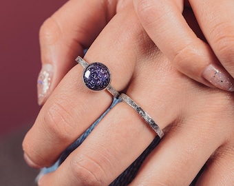 Anello solitario con costellazione del cielo notturno / Fascia in argento sterling e pietra blu con motivo paisley / Stella, galassia, spazio / Taglie USA 4-12