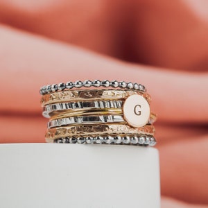 Mixed Metal Initial Stacking Rings Set of 7 | Personalized Stackable Family Signet Rings, Custom Letter Monogram Gift for Her Mom Wife