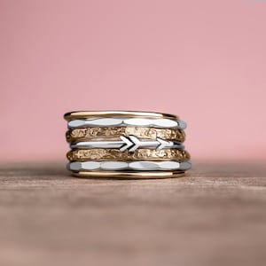 Arrow Stacking Rings | Mixed Metal Gold & Silver Stackable Rings, Set of 7 Chunky Boho Stack Bands, Two Tone Hammered Bohemian Arrow Rings