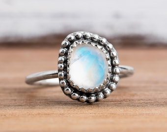 Size 3 Midi Ring | Rainbow Moonstone Midi Ring In Sterling Silver | Small Beaded Aqua Blue Flash Multicolored Color Changing Ring