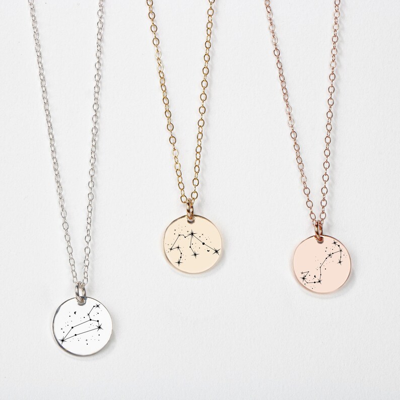 Constellation Necklace Zodiac Sign Engraved Circle Disc, Silver Gold or Rose Gold Astronomy Space Birthday Birth Month Pendant Gift image 6