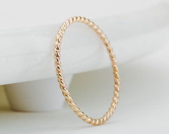 Gold Braided Rope Stacking Ring | 14K Goldfilled Twisted Stackable Ring Band, Simple Dainty Thin Twist Stack Skinny Ring, Basic Everyday