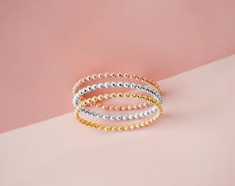 Trio of Dot Stacking Rings | Set of 3 Mixed Metal Thin Stacking Beaded Dotted Rings | Silver Gold & Rose Gold | Comfort Fit Sizes 2-12
