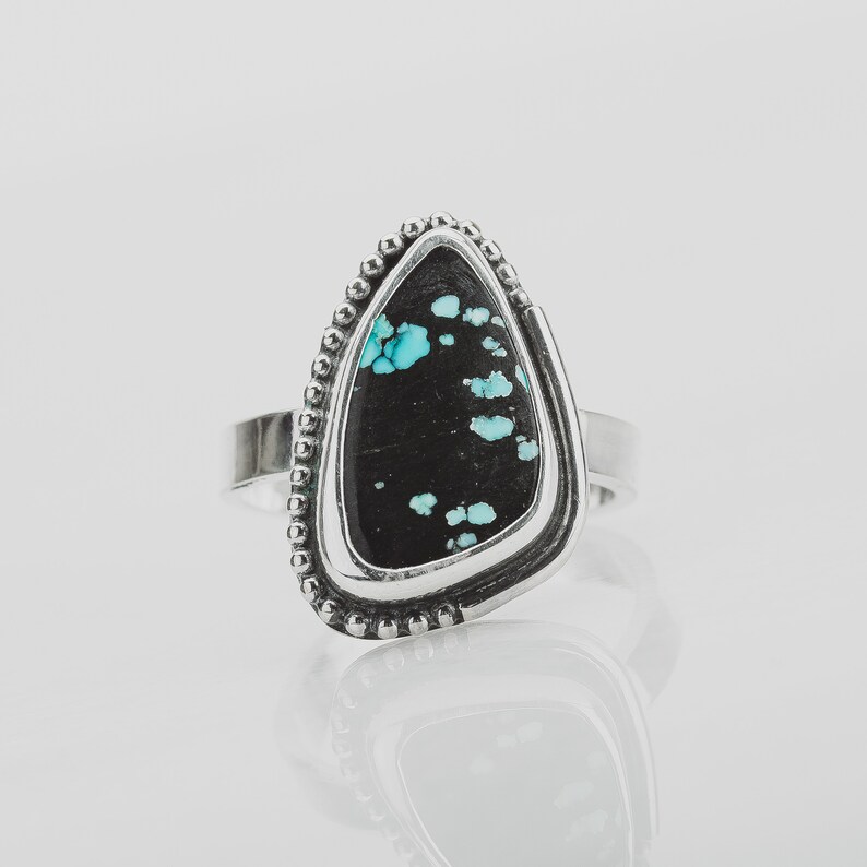 Size 5.75 Black & Blue Cloud Mountain Turquoise Gemstone Ring In Sterling Silver Triangle Beaded Dotted Boho Bohemian Statement Ring image 1