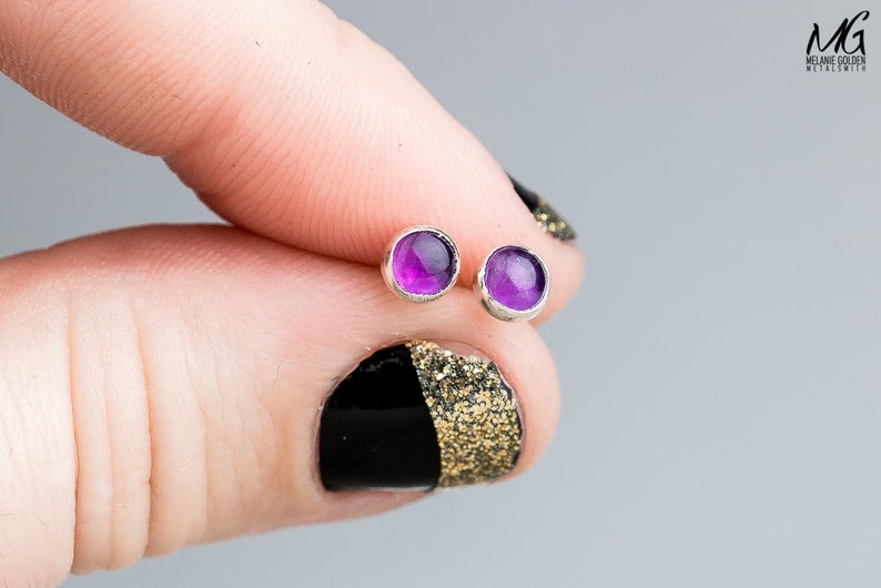 Purple Amethyst Gemstone Stud Earrings Sterling Silver Dark Purple Small Round Circle Post Earrings Multiple Sizes February Birthstone image 4