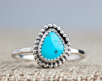 Size 8.25 Aqua Blue Morenci Turquoise Gemstone Ring In Sterling Silver | Beaded Boho Bohemian Indian Navajo Light Teal Blue Solitaire Ring