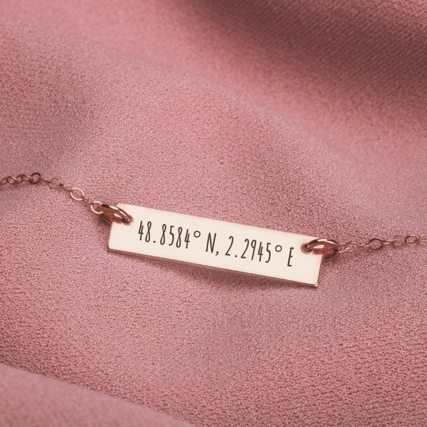 Coordinates Bar Necklace | Custom Location, Silver, Gold or Rose, Sweet Wedding Location Anniversary Gift, Where We Met, Travel Wanderlust