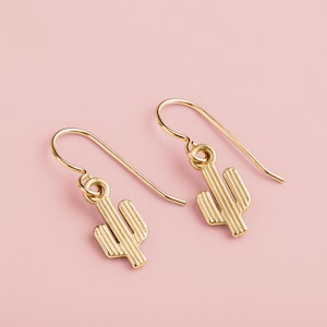 Tiny Gold Cactus Earrings | 14K Gold Fill small tiny Saguaro Arizona cactus dangle drop earrings boho bohemian southwestern desert earrings