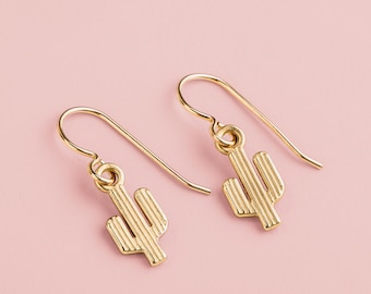 Tiny Gold Cactus Earrings | 14K Gold Fill small tiny Saguaro Arizona cactus dangle drop earrings boho bohemian southwestern desert earrings