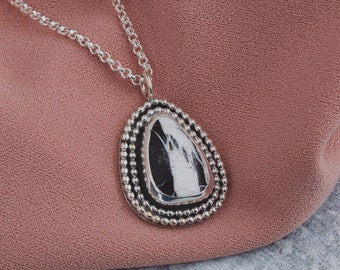 White Buffalo Turquoise Necklace In Sterling Silver | Huge Big Black And White Teardrop Boho Bohemian Pendant With Double Beaded Border