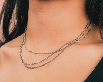 Collar de cadena de triple capa con diseño de rayos de sol / Collar minimalista de plata esterlina, delicado y moderno / Gargantilla / Sencillo para todos los días