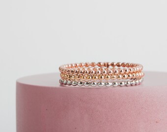 Trio of Dot Stacking Rings | Set of 3 Mixed Metal Thin Stacking Beaded Dotted Rings | Silver Gold & Rose Gold | Comfort Fit Sizes 2-12