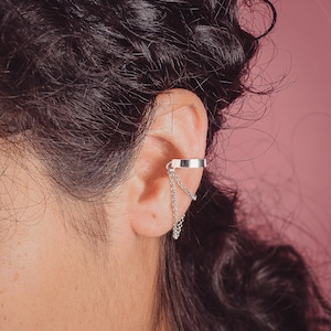 Athena Ear Cuff | Edgy Sterling Silver Wide Rectangle Chain Ear Cuff with Double Layered Dangle Chains | Geometric Jewelry | No Piercing