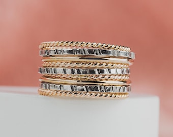 The Rowe Stack | Set of 9 Gold and Silver Mixed Metal Stacking Rings | USA Sizes 4-12